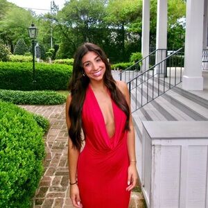 Lulu's Red Sleeveless Plunge Maxi Dress